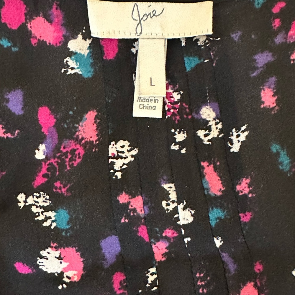 Joie 100% Silk Pintuck Black Pink Print Boho Blouse Size Large